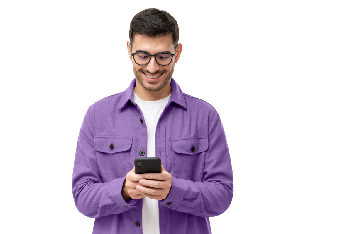 Young happy man looking at his phone